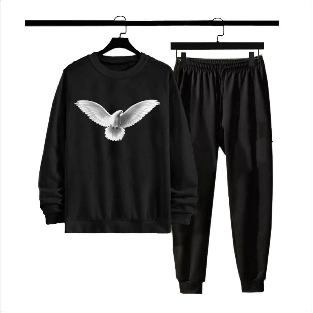 Men Fleece Track Suit Black Printed Winter Warm 2Pcs