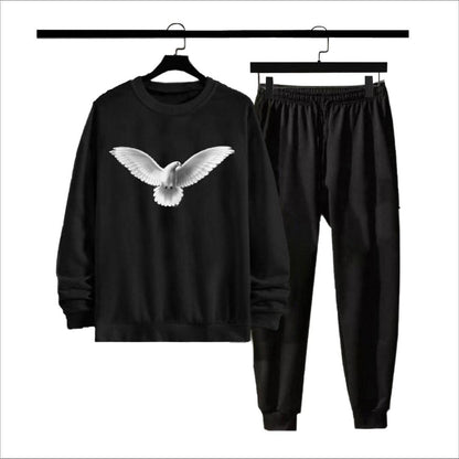 Men Fleece Track Suit Black Printed Winter Warm 2Pcs