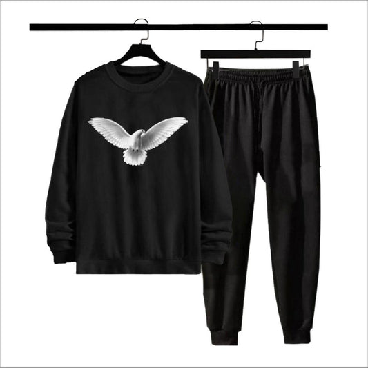 Men Fleece Track Suit Black Printed Winter Warm 2Pcs