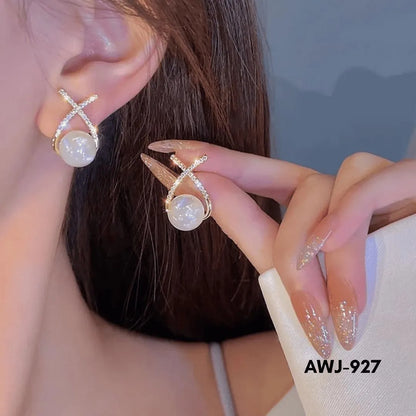 Cross Zircon Pearl Earrings Silver Gold Set