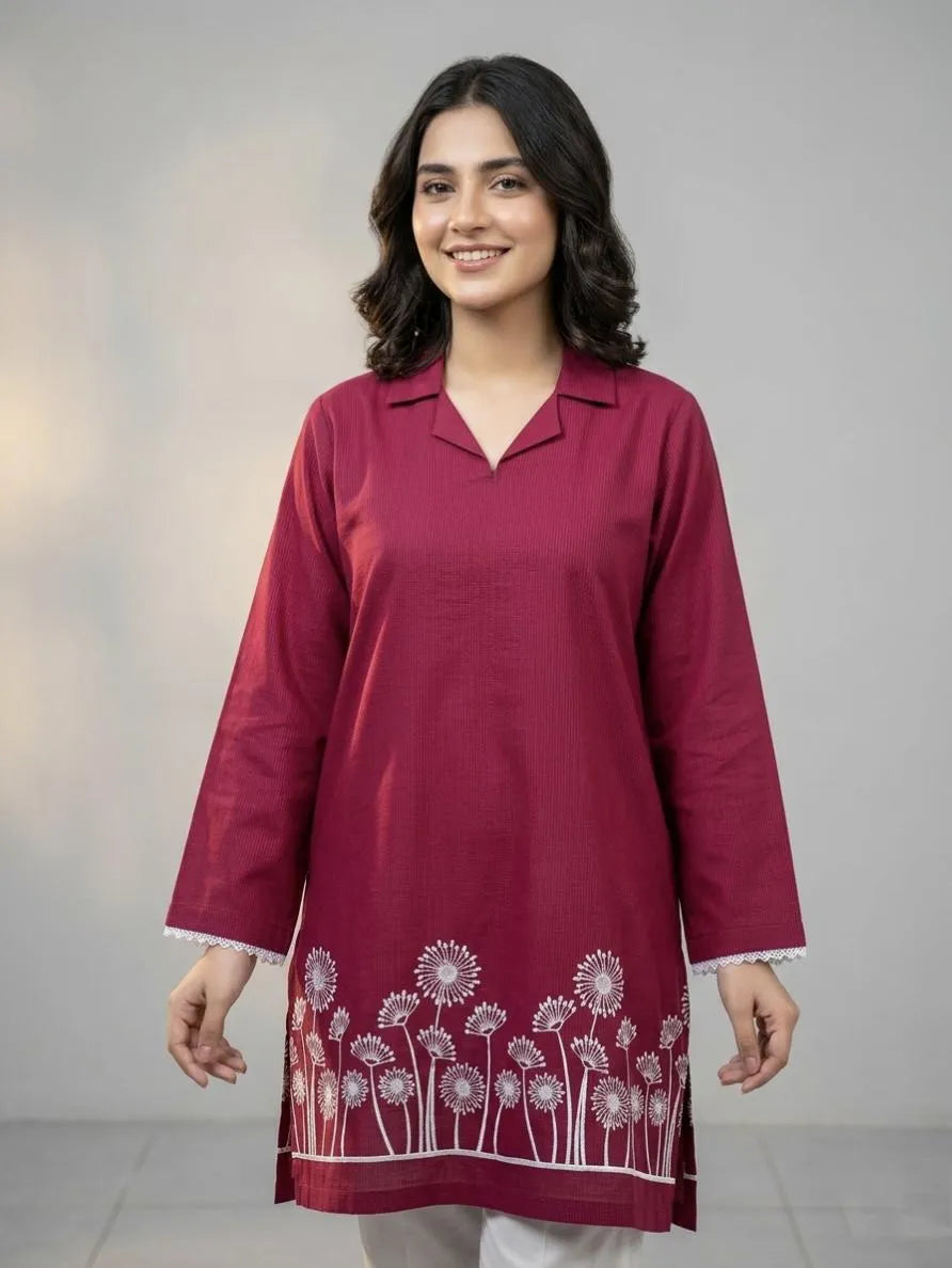 Maroon Embroidered Cotton Lawn Kurta Medium