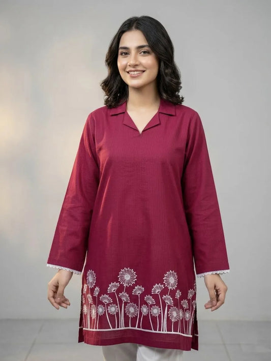 Maroon Embroidered Cotton Lawn Kurta Medium