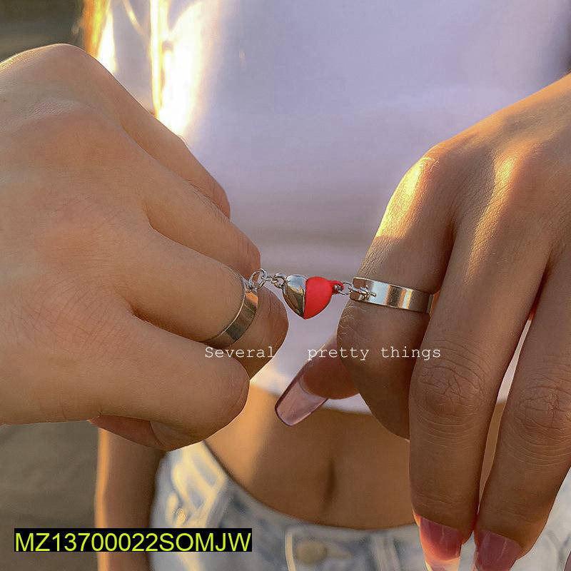 Magnetic Heart Couple Rings Silver Plated Adjustable Set
