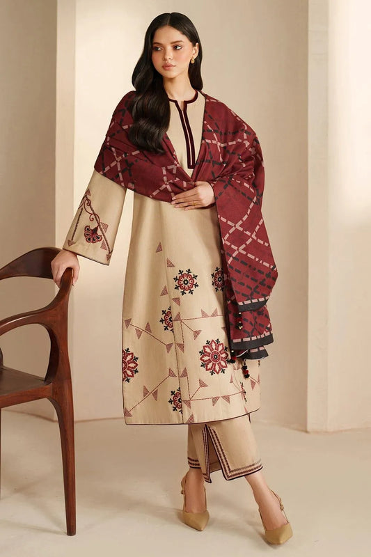 Beige Embroidered Lawn 3Pcs Set with Dupatta