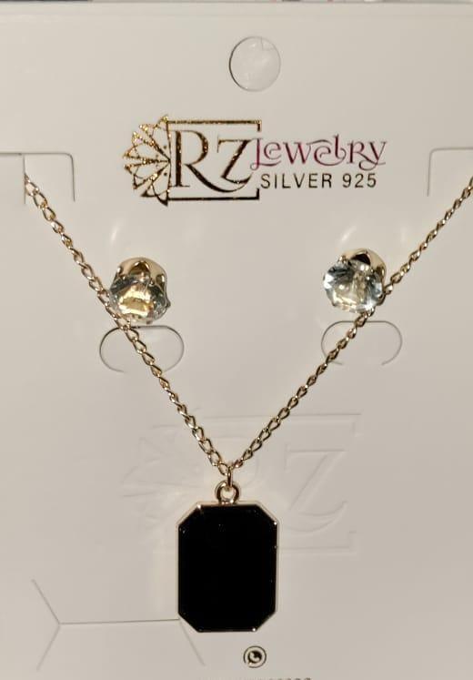 Black Stone Pendant Set with Gold Chain & Earrings