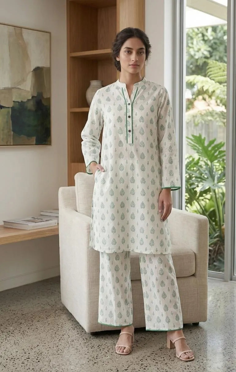 White Printed Arabic Lawn Kurta Set for Women