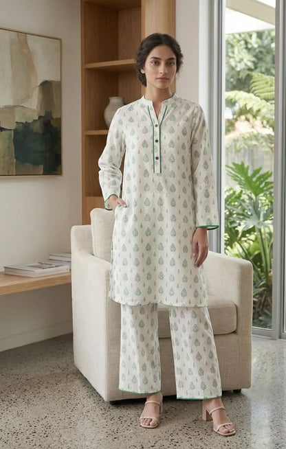 White Printed Arabic Lawn Kurta Set for Women