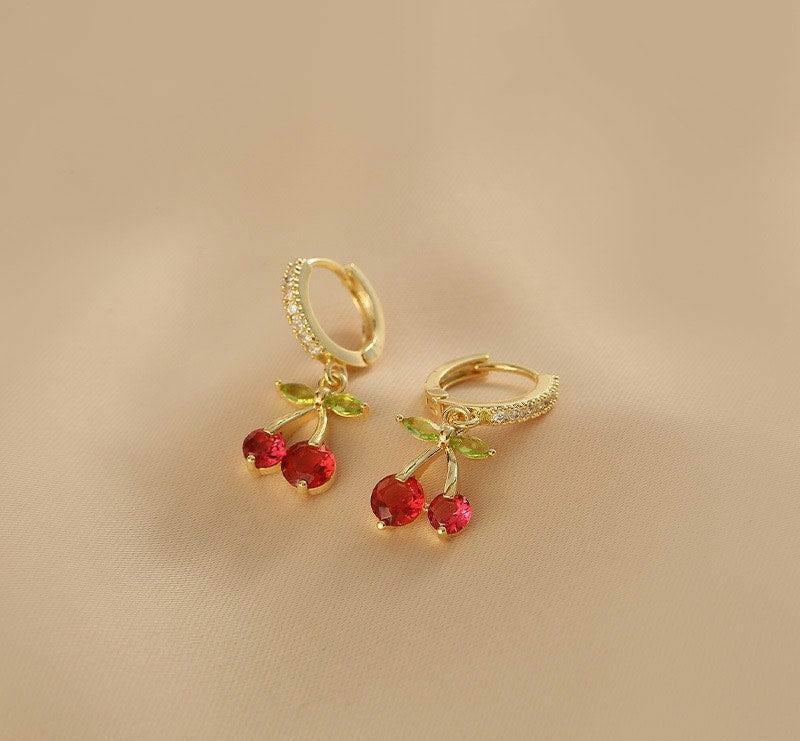Cherry Drop Earrings Red Gemstone Golden Plated