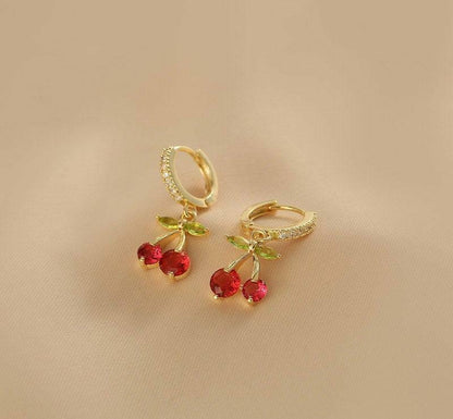 Cherry Drop Earrings Red Gemstone Golden Plated