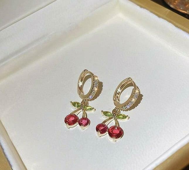 Cherry Drop Earrings Red Gemstone Golden Plated