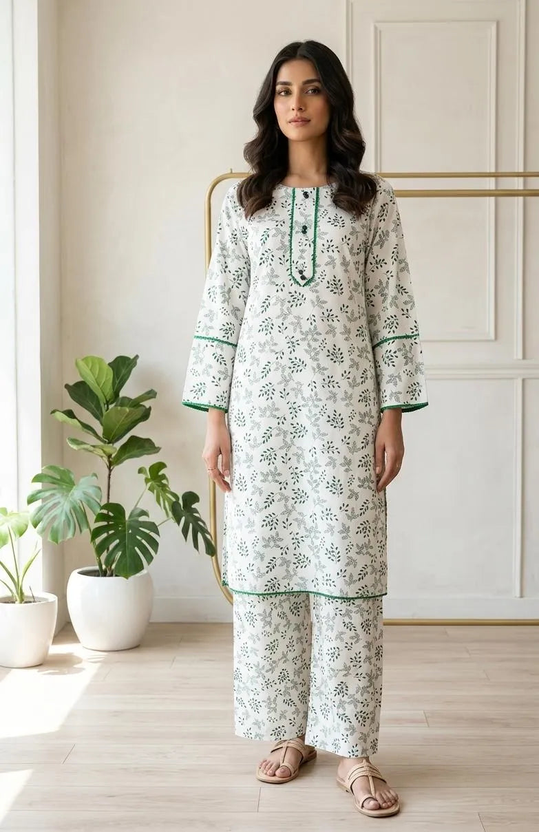Pakistani Printed Lawn Suit White Green Long Sleeve