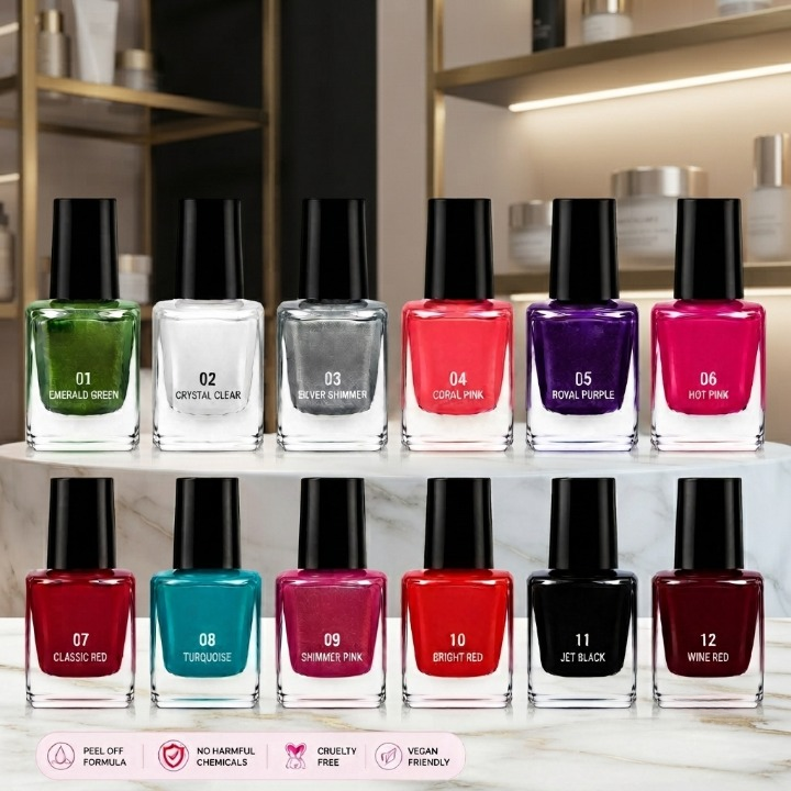 Pack of 12 - Peel Off Nail Paints - Cosmetic Nail Polish Designed For Easy Removal And Vibrant Color Maintenance Routine (Random Color)