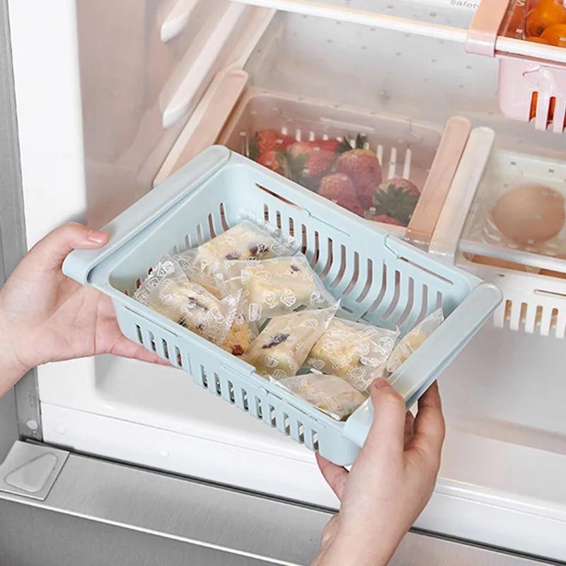 Adjustable Plastic Fridge Storage Basket Light Blue