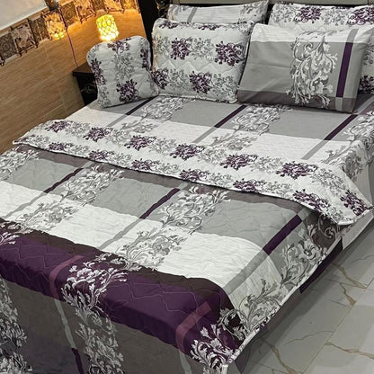 Premium Cotton Printed Comforter Set Grey Purple Floral Double Bed