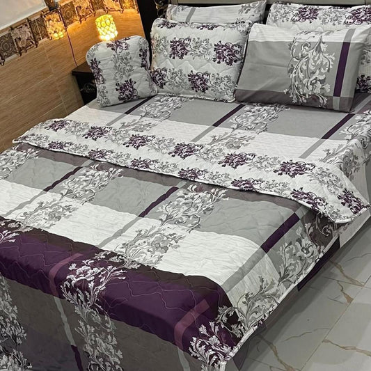 Premium Cotton Printed Comforter Set Grey Purple Floral Double Bed
