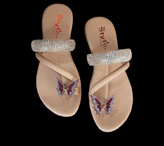 Women's Butterfly Rhinestone Chappals Beige