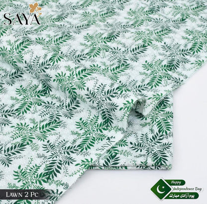 Green White Leaf Printed Lawn Fabric 2 Pc