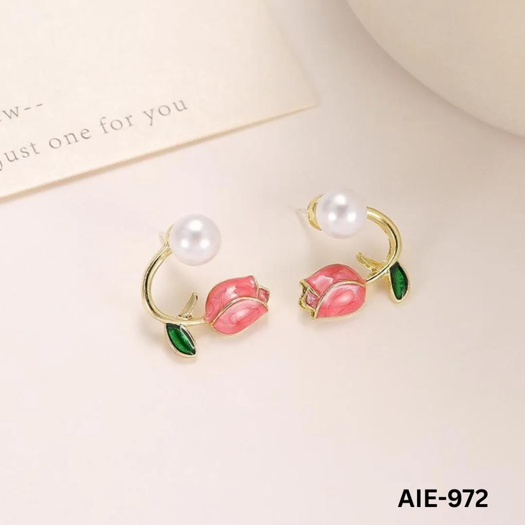 Flower Pearl Earrings Pink Green Leaf Lightweight Daily Wear