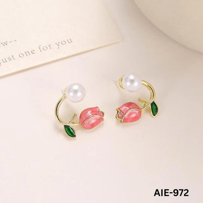 Flower Pearl Earrings Pink Green Leaf Lightweight Daily Wear