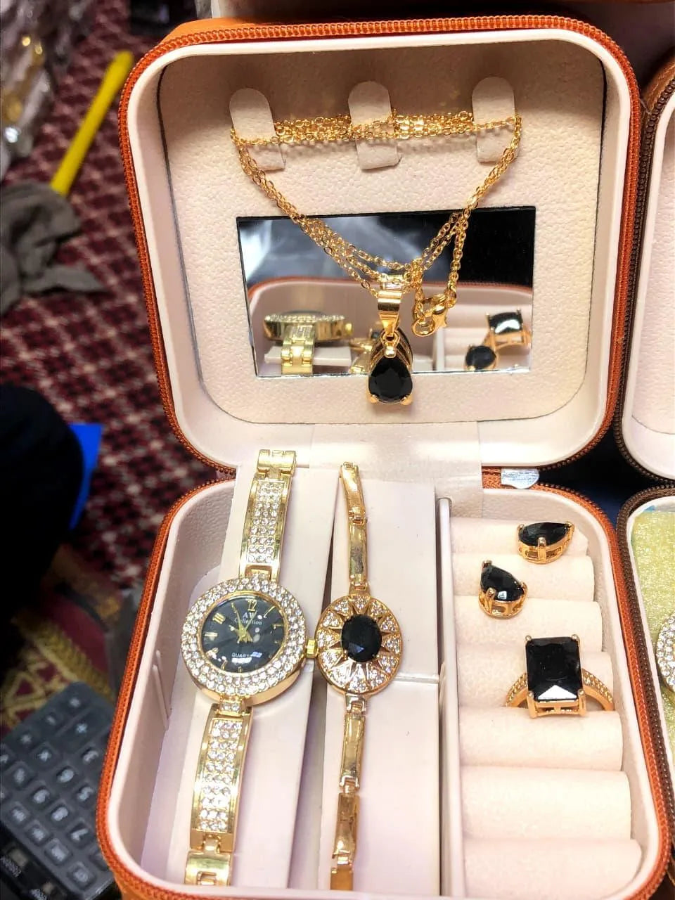 Women's Luxury Gold Plated Jewellery Watch Set with Black Stones