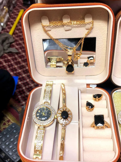 Women's Luxury Gold Plated Jewellery Watch Set with Black Stones