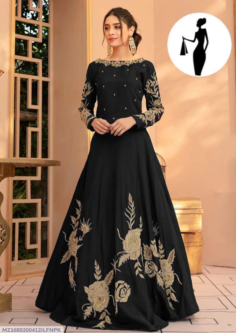 Black Embroidered Maxi Dress with Gold Floral Design