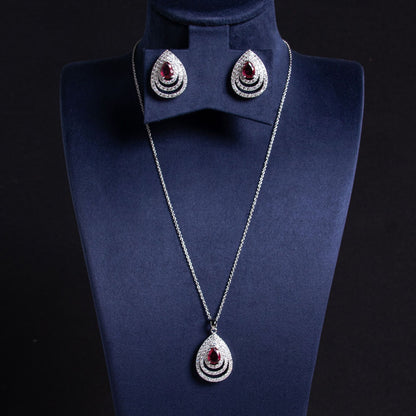 Multi-Layer Hollow Water Drop Earrings Necklace Set Red Stones