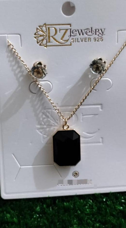 Black Stone Pendant Set with Gold Chain & Earrings