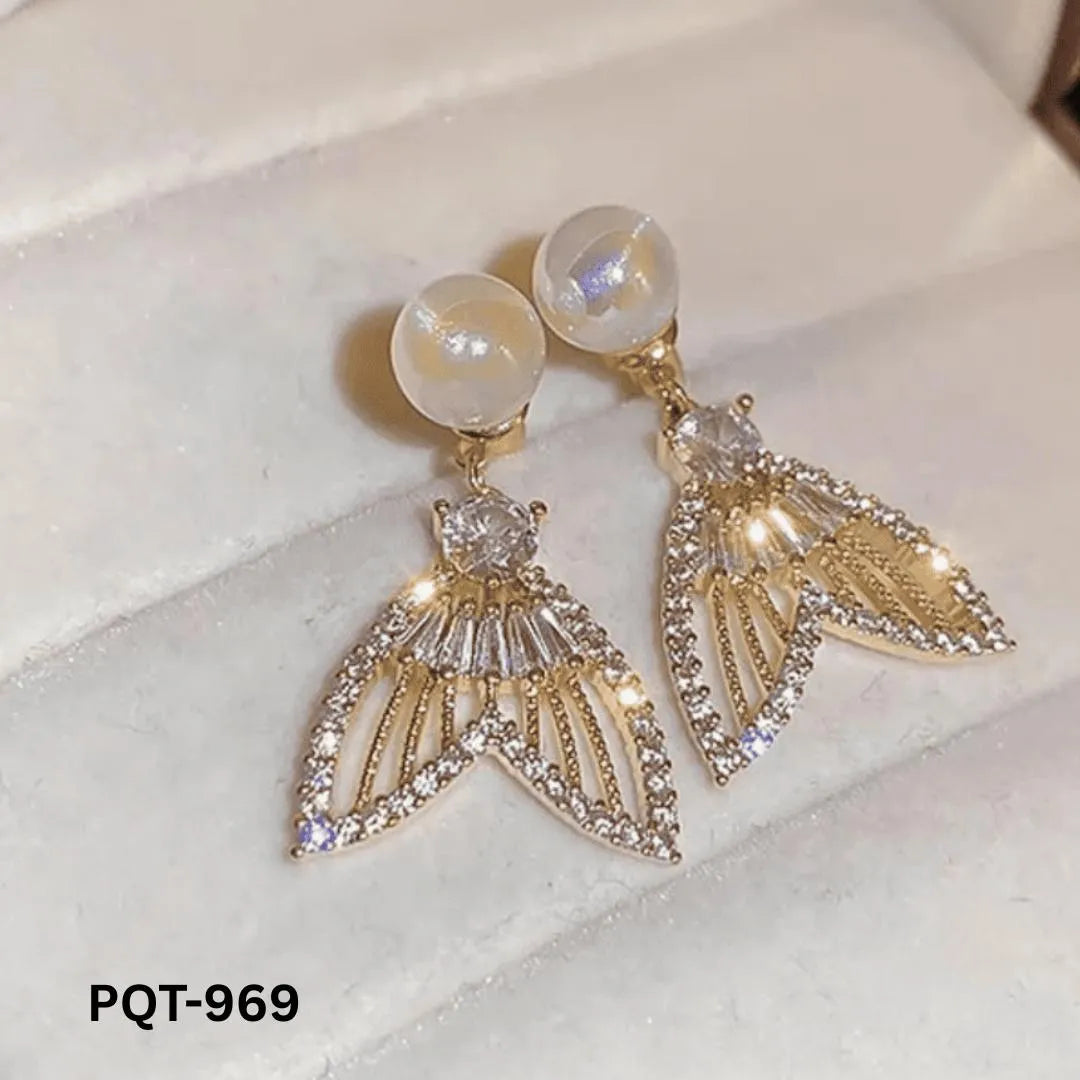 Fish Tail Pearl Zircon Earrings Gold Plated