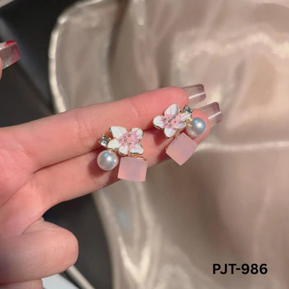 Cherry Blossom Crystal Earrings Pink Blue Silver