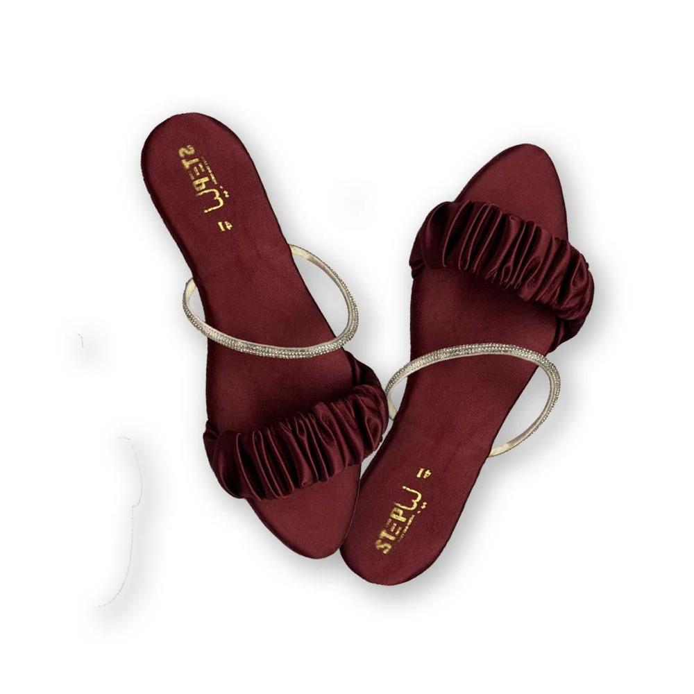 Maroon Rexine Slide Sandals with Gold Strap