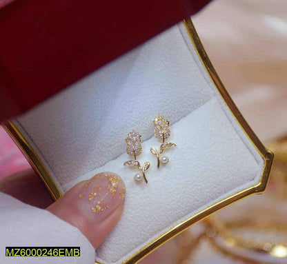 Golden Rose Earrings with Artificial Stones for Women