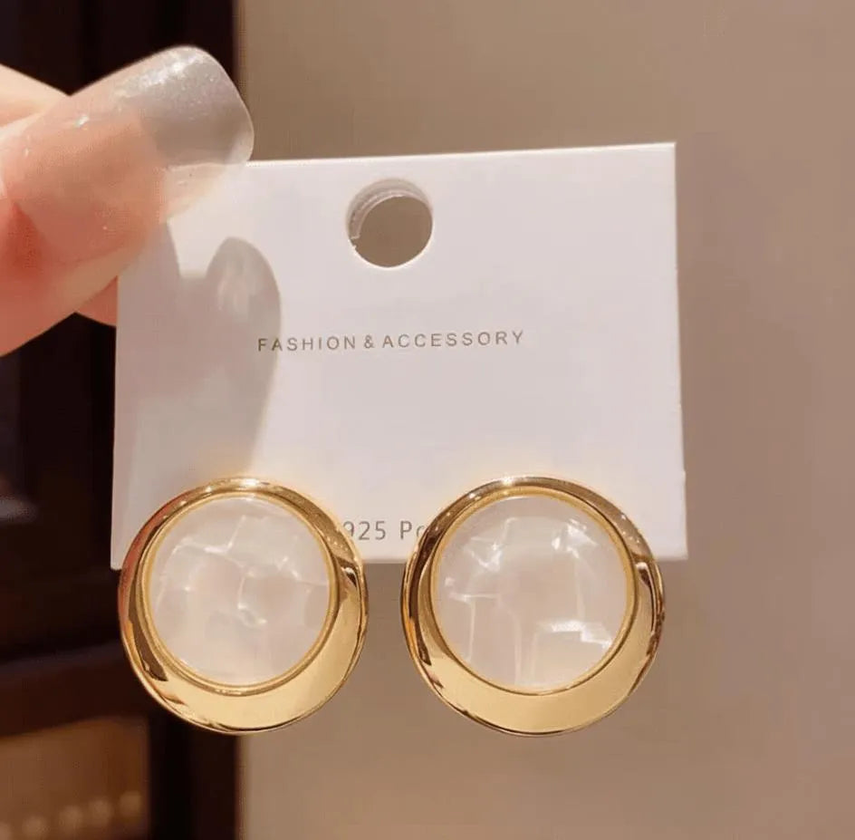 Korean Marble Circle Earrings Gold Tone Lightweight