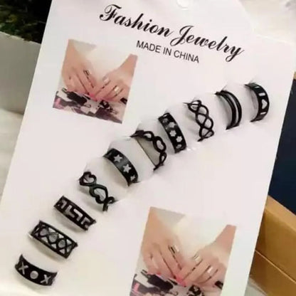 10-Piece Adjustable Ring Set Black Gold Silver Pakistani Fashion