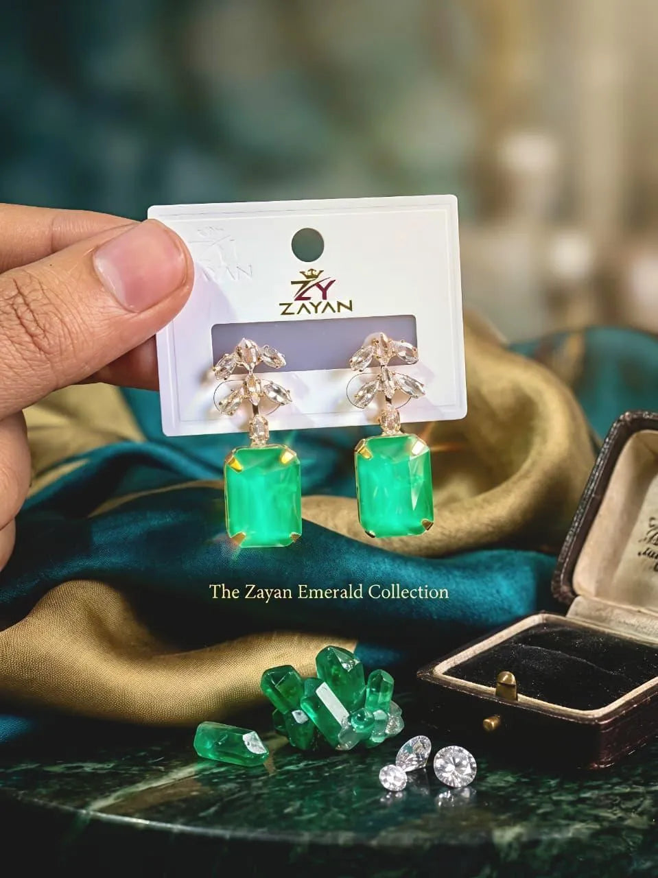 Women Green Crystal Earrings Gold Plated 2 Pcs