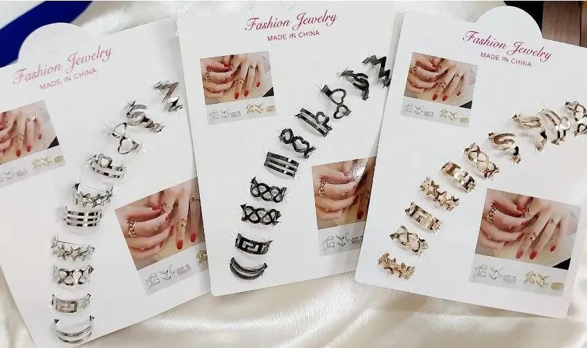 10-Piece Adjustable Ring Set Black Gold Silver Pakistani Fashion