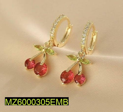 Cherry Drop Earrings Red Gemstone Golden Plated