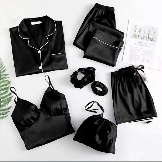Black Silk 5-Piece Night Suit Set for Women