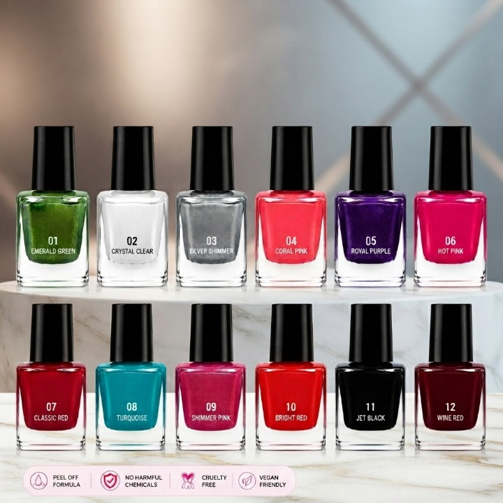 Pack of 12 - Peel Off Nail Paints - Cosmetic Nail Polish Designed For Easy Removal And Vibrant Color Maintenance Routine (Random Color)