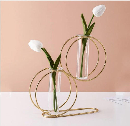 Golden Iron Vase with Glass Test Tube for Home Decor