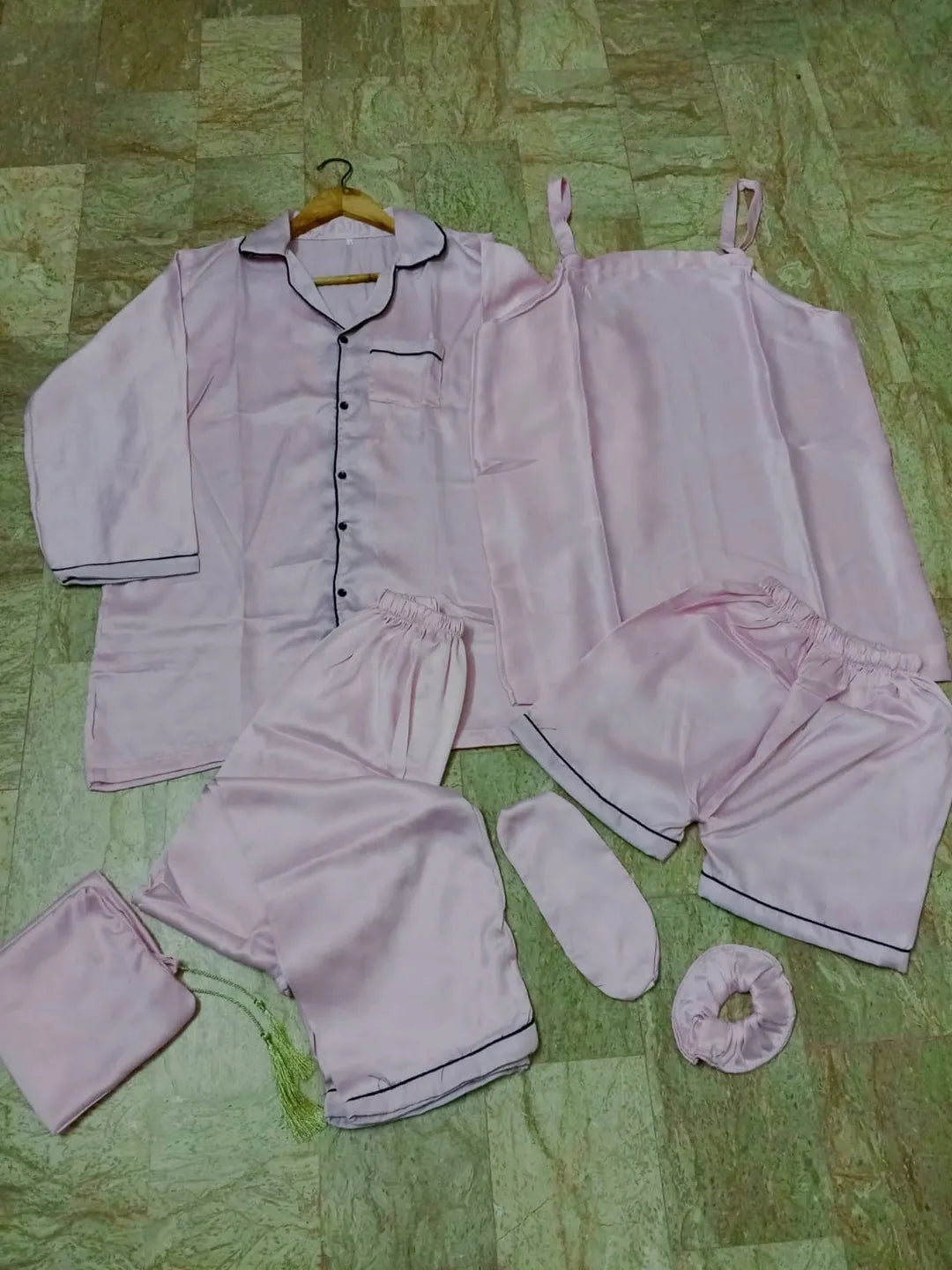 7 Pcs Women's Stitched Silk Piping Night suit