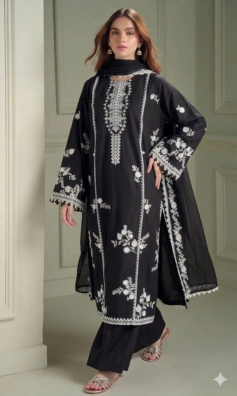 Black Embroidered Lawn 3Pcs Set for Women
