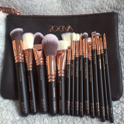 Makeup Brush Set 15 Pcs Travel Clutch Brown Rose Gold
