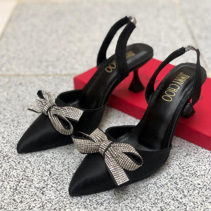 Black Rhinestone Bow Heels for Women Formal Party Wear