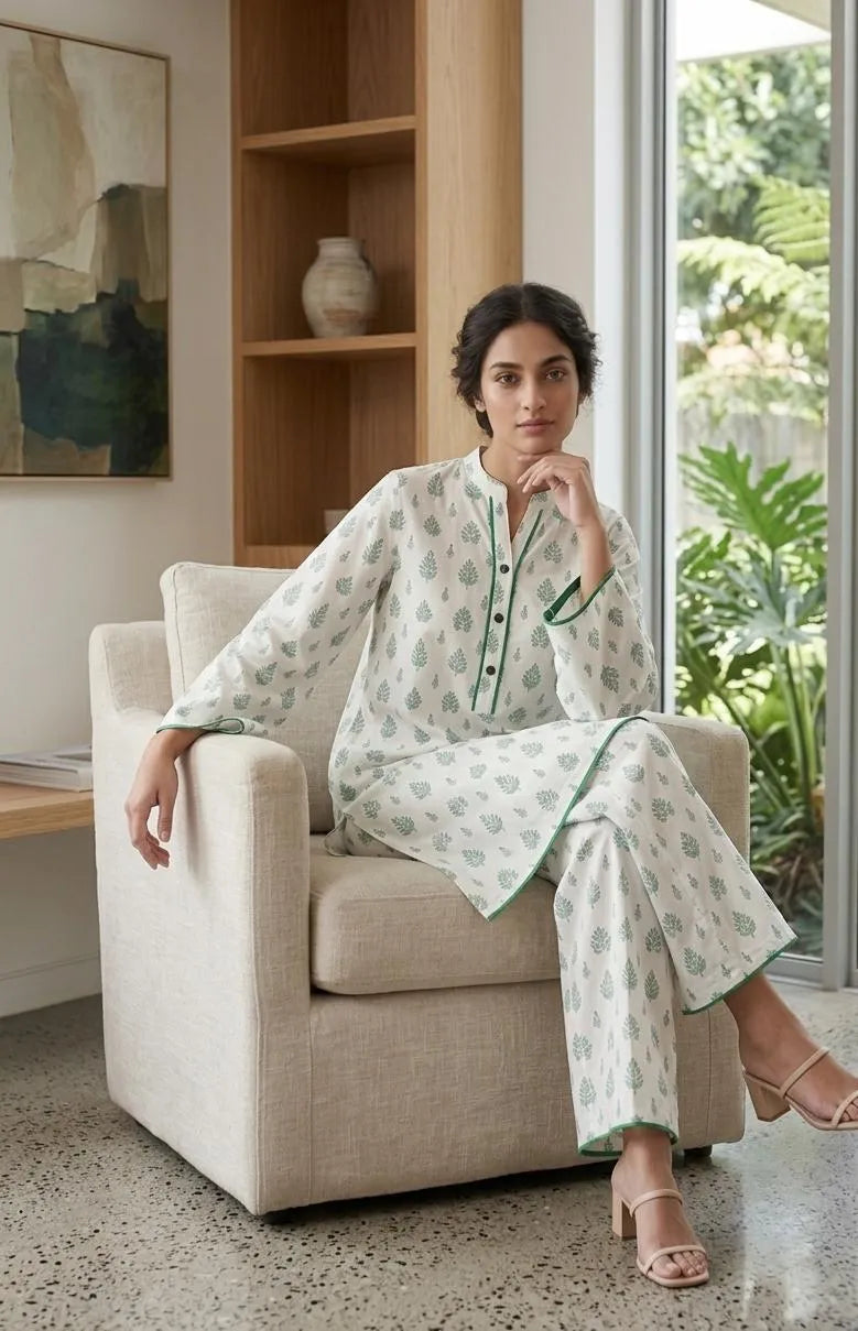 White Printed Arabic Lawn Kurta Set for Women