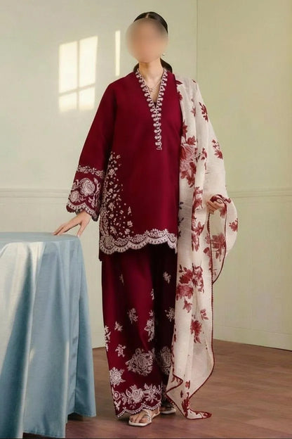 Maroon Embroidered Lawn Shirt Set with Dupatta