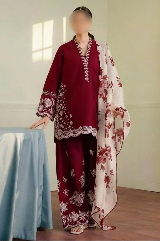 Maroon Embroidered Lawn Shirt Set with Dupatta