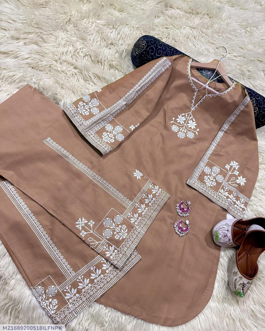 Turquoise Aari Embroidered 2-Piece Bareeza Cotton Suit