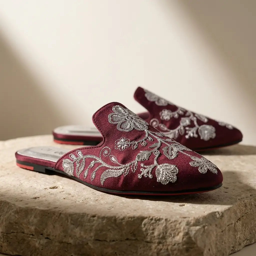 Elegant Floral Embroidered Backless Loafers - 071 - Maroon