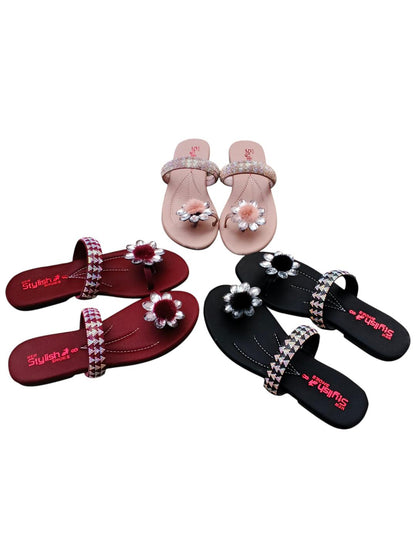 Maroon Satin Sandals with Gemstone Strap & Crystal Flower Accent